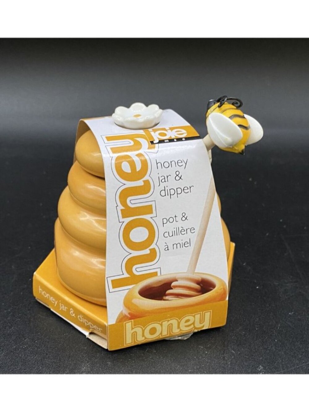 Mini Honey Pot Ceramic Jar & Wood Dipper Joie MSC Beehive with Bee 2002 BPA free